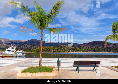 Panca e palme sulla passeggiata costiera nel porto di Argostoli. L'isola di Cefalonia, Grecia Foto Stock