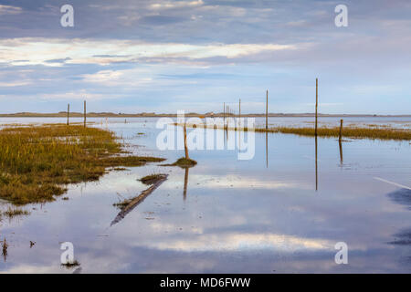 Alta Marea su Causeway al Santo Isola di Lindisfarne in Northumberland Foto Stock