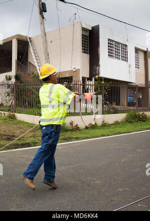 Un lavoratore di linea lancia una corda guida su un cavo esistente. Egli potrà utilizzare la fune per tirare una nuova linea attraverso la strada.il lavoro degli equipaggi di riparazione delle linee elettriche in una cima comunità in Naranjito. Come del 26 marzo 2018, oltre il 94 percento dei clienti in Puerto Rico hanno Alimentazione ripristinata. Il restante 6 per cento sono situati principalmente nelle aree montane. Nonostante il trasporto e sfide di accesso, il lavoro degli equipaggi sull isola si stanno concentrando i loro sforzi in queste aree remote, con l obiettivo di raggiungere il 95% di restauro in queste regioni entro la fine di maggio. Foto Stock