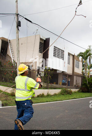 Un lavoratore di linea lancia una corda guida su un cavo esistente. Egli potrà utilizzare la fune per tirare una nuova linea attraverso la strada.il lavoro degli equipaggi di riparazione delle linee elettriche in una cima comunità in Naranjito. Come del 26 marzo 2018, oltre il 94 percento dei clienti in Puerto Rico hanno Alimentazione ripristinata. Il restante 6 per cento sono situati principalmente nelle aree montane. Nonostante il trasporto e sfide di accesso, il lavoro degli equipaggi sull isola si stanno concentrando i loro sforzi in queste aree remote, con l obiettivo di raggiungere il 95% di restauro in queste regioni entro la fine di maggio. Foto Stock