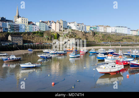 Barche da pesca e le imbarcazioni da diporto ormeggiata a bassa marea in Tenby Porto di Pembrokeshire, Galles Foto Stock