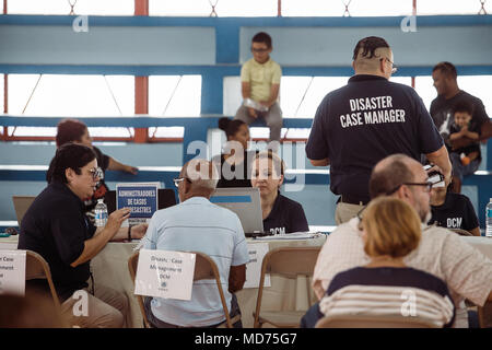 Fajardo, Puerto Rico, 15 marzo 2018 - Membri del disastro la gestione del caso assistere un superstite durante il Disaster Recovery equa delle risorse in Fajardo. One Stop Shop evento fornisce informazioni e assistenza necessaria ai superstiti, e ciò consente loro di recuperare dagli effetti dell'Uragano Maria.Le fiere si svolgono in tutta Puerto Rico dove del governo federale e statale, insieme con il settore privato, forniscono indicazioni circa la prevenzione di preclusione, alloggiamento di consulenza, servizi legali, alluvione di assicurazione, mitigazione, titolo e altri problemi. Per ulteriori informazioni chiamate il (817) 372-0852. FEMA Foto Stock