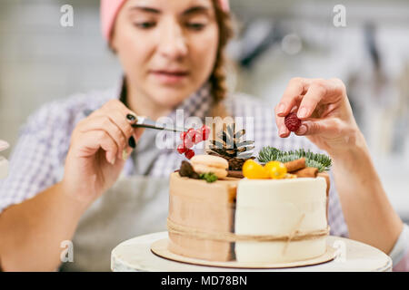 Sfocati femmina giovane pasticciere decorare una gustosa torta con ramoscelli di abete, coni, di uve secche di Corinto e di lamponi, vista da vicino Foto Stock