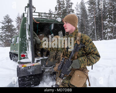 Con Marino Marini Force-Europe rotazionale tiene aperta la porta sul retro di una svedese Bandvagn 206 (BV 206) veicolo cingolato durante la conduzione di un azione immediata trapani durante l'esercizio sole invernale 18 in Boden, Svezia, 7 marzo 2018. Il sole invernale 18 è un esercizio di multinazionali che integra gli elementi smontati con una fanteria meccanizzata e migliora la collaborazione strategica tra Stati Uniti Marines e le forze svedesi in un freddo ambiente. (U.S. Marine Corps foto di Cpl. Raul Torres/rilasciato) Foto Stock