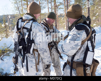 Marines con Marine Force-Europe rotazionale calcolare le coordinate del reticolo durante l'esercizio sole invernale 18 in Boden, Svezia, 16 marzo 2018. Il sole invernale 18 è un esercizio di multinazionali che integra gli elementi smontati con una fanteria meccanizzata e migliora la collaborazione strategica tra Stati Uniti Marines e le forze svedesi in un freddo ambiente. (U.S. Marine Corps foto di Cpl. Raul Torres/rilasciato) Foto Stock