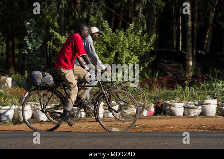 Un ciclista cavalca un roadster tradizionale stile di bicicletta, comunemente chiamato "Black Mamba' in Africa orientale. Anche se sono ancora una visione comune, essi Foto Stock