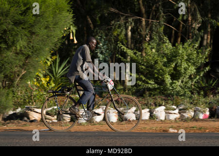 Un ciclista cavalca un roadster tradizionale stile di bicicletta, comunemente chiamato "Black Mamba' in Africa orientale. Anche se sono ancora una visione comune, essi Foto Stock