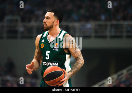 Mike James del Panathinaikos Superfoods Atene in azione durante la Turkish Airlines Euroleague Play Off Game 1 tra il Panathinaikos Atene Superfoods v Real Madrid a OAKA arena. Punteggio finale (95-67 Panathinaikos Real Madrid) Foto Stock