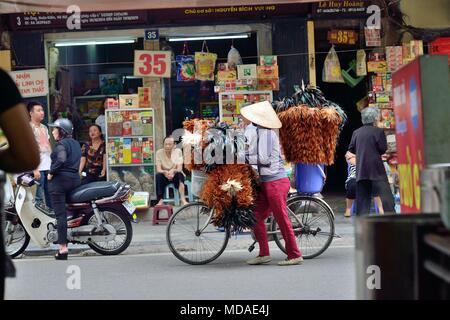 Hanoi, Vietnam. Xv Apr, 2018. Una donna spinge il suo supporto per bicicletta di piumini attraverso le strade della città vecchia di Hanoi, Vietnam. Credito: Rory Merry/ZUMA filo/Alamy Live News Foto Stock