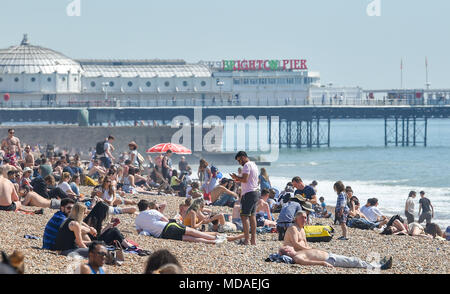 Brighton Regno Unito 19 aprile 2018 - la spiaggia di Brighton è imballato come i visitatori godere il caldo sole di oggi . Il caldo clima soleggiato è impostata per continuare in tutta la Gran Bretagna con temperature attese per raggiungere l'alta venti in alcune parti del Sud Est Credito: Simon Dack/Alamy Live News Foto Stock