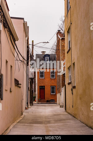 Baltimore, Maryland, Stati Uniti d'America. Porta Rossa sulla piccola casa alla fine del vicolo in Federal Hill District. Foto Stock