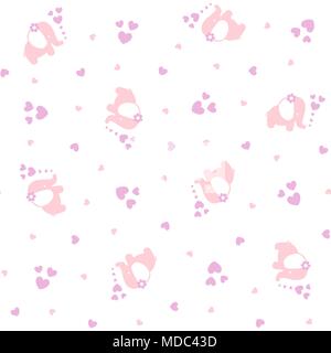 Carino baby elefanti seamless pattern con cuori su sfondo bianco, design per bambina Illustrazione Vettoriale