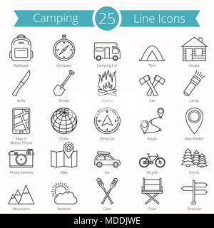25 Camping linea set di icone, vettoriale EPS10 illustrazione Illustrazione Vettoriale