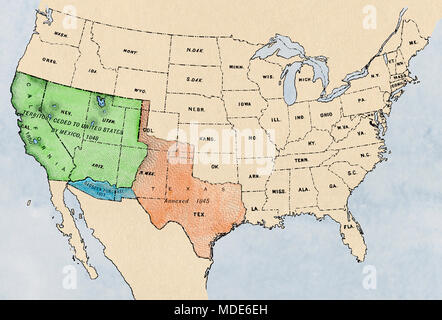 Mappa del territorio dal Messico aggiunto al sudovest degli Stati Uniti, 1800s. Digitalmente illustrazione colorata Foto Stock