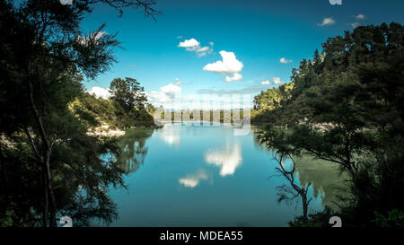 Cielo blu riflesso in lago circondato da forest. Sparato a Wai-o-Tapu Geotermale Wonderland, regione di Rotorua, Nuova Zelanda Foto Stock