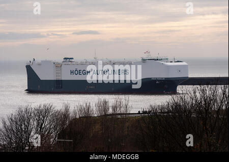 La Hoegh viaggiatore il autoliner che arrivano nel fiume Tyne su la mattina presto la bassa marea, sulla costa nord est. Foto Stock