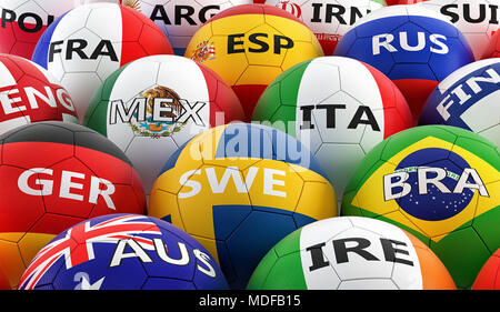 Palloni da calcio colorati di diversa bandiera nazionale colori - 3D rendering Foto Stock