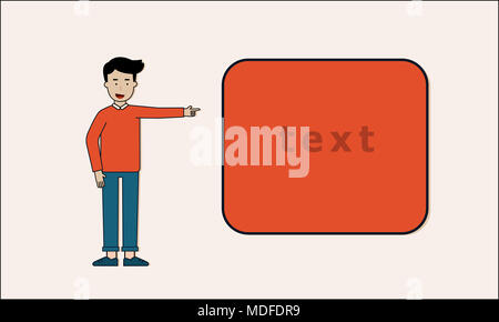 Uomo di stand e punto a mano alla casella di testo Copia Spazio presentazione Foto Stock