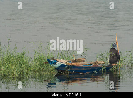 Tradizionale beduino egiziano pescatore in barca a remi sul fiume Nilo pesca da riverbank lamelle di erba Foto Stock