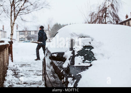 Uomo che pulendo la neve dalla strada, County Kildare, Leinster, Irlanda Foto Stock