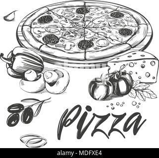 Pizza italiana , la raccolta di pizza con ingredienti, logo disegnati a mano illustrazione vettoriale disegno realistico. Illustrazione Vettoriale