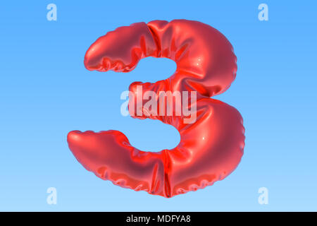 Numero 3, rosso foil balloon nel cielo. Il rendering 3D Foto Stock
