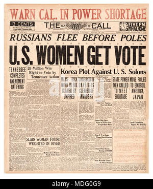 Le DONNE degli Stati Uniti OTTENGONO IL VOTO diciannovesimo suffragio del giornale di Emendamento il 18 1920 agosto il Tennessee è diventato il 36esimo stato per ratificare il diciannovesimo emendamento alla costituzione degli Stati Uniti. Sette anni dopo la parata del suffragio e 72 anni dopo l'inizio della lotta, le donne in ogni stato degli Stati Uniti hanno finalmente vinto il diritto di voto. Foto Stock