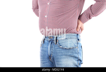 Uomo con il sovrappeso e grande pancia in jeans e maglietta Foto Stock