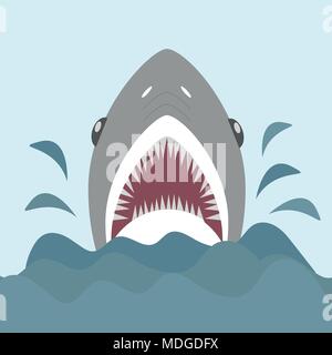Shark con ganasce aperte e denti affilati. Illustrazione Vettoriale in appartamento in stile cartone animato Illustrazione Vettoriale
