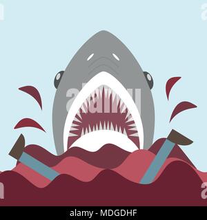 Bloody shark con bocca aperta. Sul rosso onde - Vettore nel piatto in stile cartone animato Illustrazione Vettoriale
