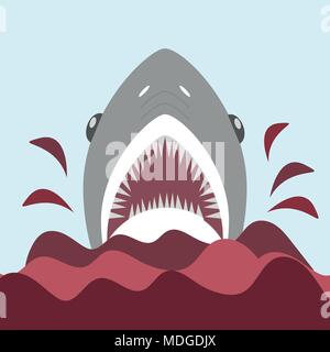 Bloody shark con bocca aperta. Sul rosso onde - Vettore nel piatto in stile cartone animato Illustrazione Vettoriale