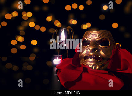 Golden maschera di Carnevale e sfondo bokeh, rendering 3D Foto Stock