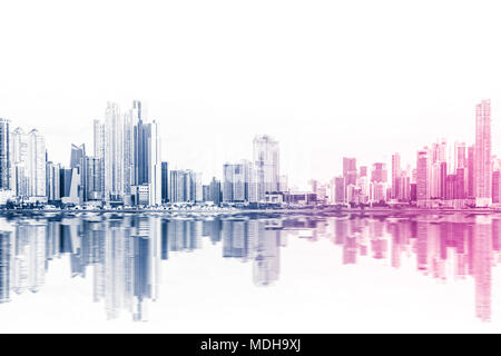 Lo skyline di moderno stile astratto grattacielo edifici su sfondo bianco - skyline della città e acqua riflessione, Panama City Foto Stock