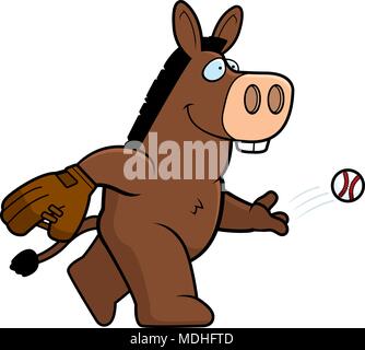 Un cartoon illustrazione di un asino nel lanciare una palla da baseball. Illustrazione Vettoriale
