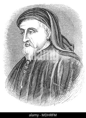 Un ritratto di Geoffrey Chaucer (1343 - 1400), noto come il padre della letteratura inglese, è ampiamente considerato come il più grande poeta inglese del Medioevo. Tra le sue numerose opere sono il libro della duchessa e la casa di fama, la leggenda di buone donne e Troiolo e Criseyde, ma egli è più noto per i Canterbury Tales. Il suo lavoro è stato fondamentale nel legittimare l'uso letterario del Medio inglese volgare in un momento in cui la posizione dominante lingua letteraria in Inghilterra erano francesi e latino. Il primo poeta ad essere sepolto in poeti' angolo di Westminster Abbey, egli ha anche raggiunto la fama come autore, Foto Stock