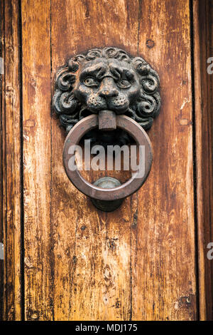 Close-up di porta di legno respingente con anello metallico su una vecchia porta di legno; Siena, Toscana, Italia Foto Stock