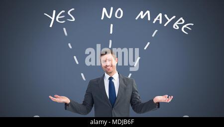 Uomo di pensiero Sì No forse il testo con le frecce graphic sulla parete Foto Stock