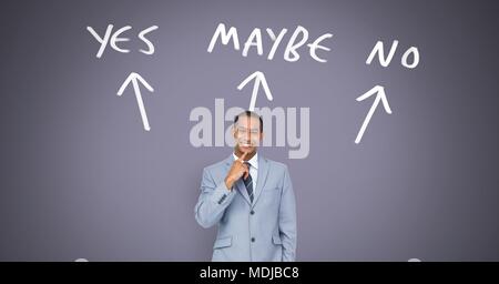 Uomo di pensiero Sì No forse il testo con le frecce graphic sulla parete Foto Stock