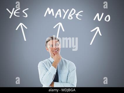 Uomo di pensiero Sì No forse il testo con le frecce graphic in background Foto Stock