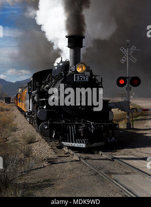 E Durango Silverton Narrow Gauge Railroad in Durango viaggiando attraverso San Juan foresta, Colorado, STATI UNITI D'AMERICA Foto Stock