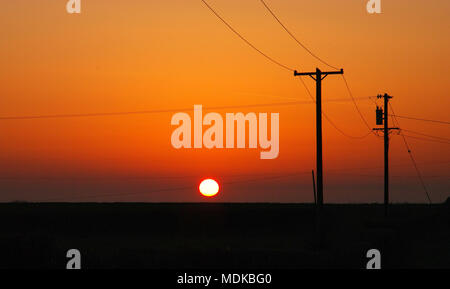 Rosso caldo sole tramontare all'orizzonte con pali del telegrafo e fili silhoutted contro lo sfondo Foto Stock