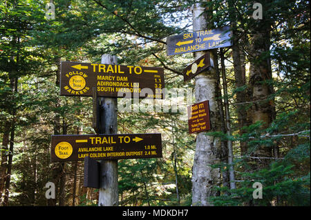 Legno segnaletica direzionale rivolta ai sentieri per le escursioni nella regione di Adirondack, Upstate New York, Stati Uniti d'America. Foto Stock