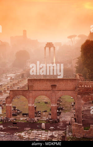 Foro Romano nella nebbia di mattina all'alba, Foro Romano, Roma, lazio, Italy Foto Stock