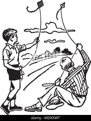 Ragazzi volare Kites - retrò illustrazione clipart Illustrazione Vettoriale