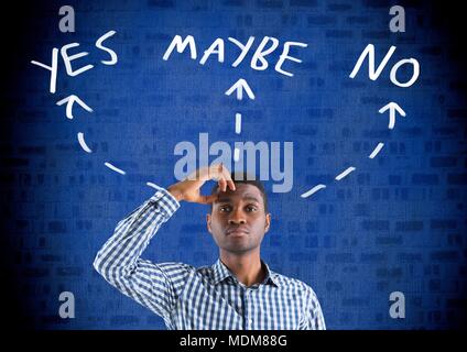 Uomo di pensiero Sì No forse il testo con le frecce graphic sulla parete Foto Stock