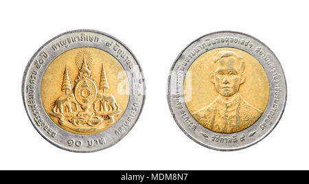 Thailandia 10 baht. Oggetto isolato su uno sfondo bianco. Foto Stock