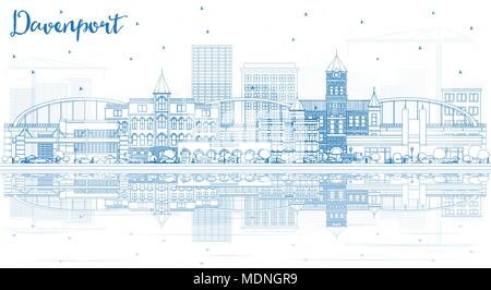 Delineare Davenport Iowa Skyline con edifici blu e riflessi. Illustrazione Vettoriale. Viaggi di affari e turismo illustrazione Illustrazione Vettoriale