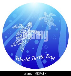Mondo Giorno della tartaruga. Le tartarughe di acqua swim up. Raggi, bolle, luce. Disegno in etnico stile aborigena. Sfondo blu. In una cornice rotonda Illustrazione Vettoriale