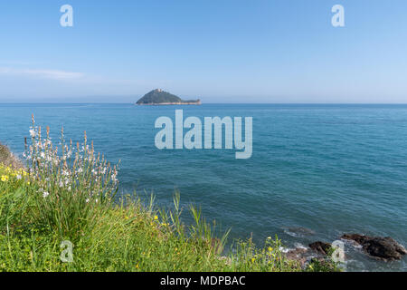 Isola Gallinara, Mar Ligure, la Riviera Italiana, veduta distante Foto Stock