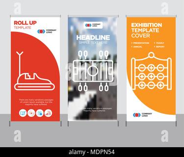 Tic Tac Toe moderno business roll up banner modello di progettazione, Soccer creative stand poster o brochure concetto, Bumper Car coprire la pubblicazione Illustrazione Vettoriale